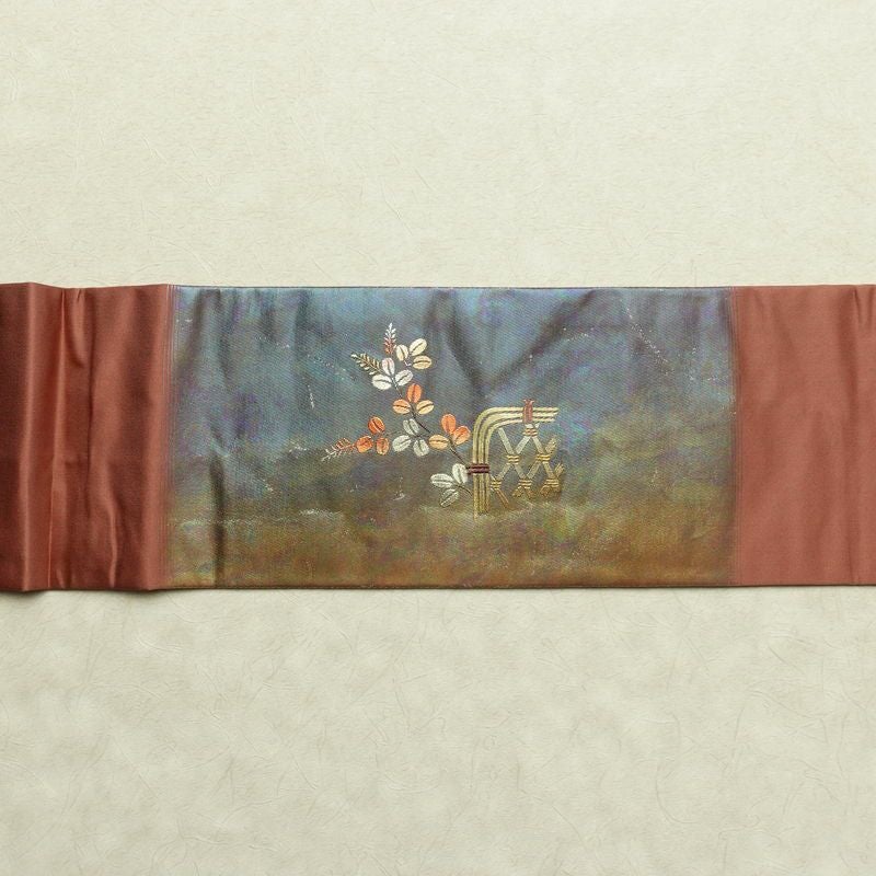 名古屋帯 太鼓柄 正絹 木の葉・植物柄 名古屋仕立て なごや帯 リサイクル帯 帯 箔 蘇芳香 ピンク_画像15