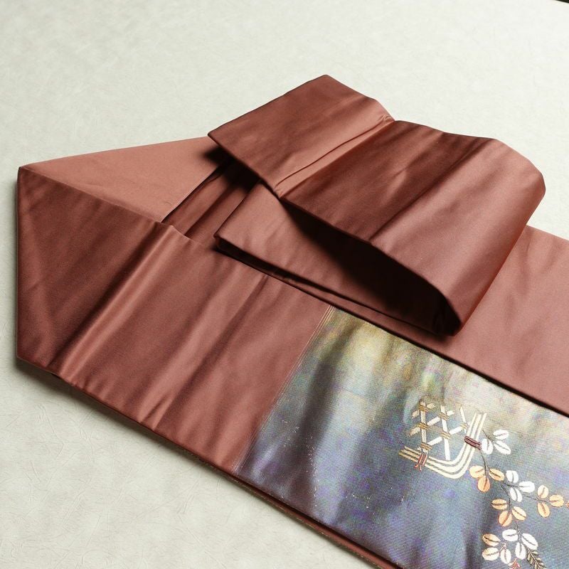 名古屋帯 太鼓柄 正絹 木の葉・植物柄 名古屋仕立て なごや帯 リサイクル帯 帯 箔 蘇芳香 ピンク_画像21