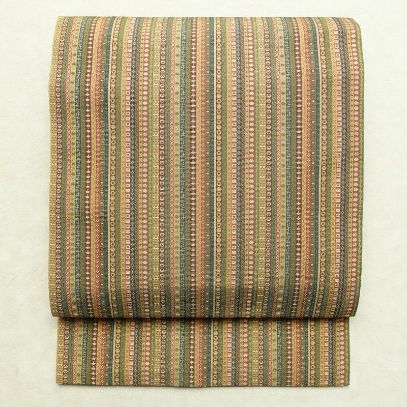 名古屋帯 全通柄 美品 正絹 縞柄・線柄 通し仕立て なごや帯 リサイクル帯 帯 カジュアル 多色使い_画像1