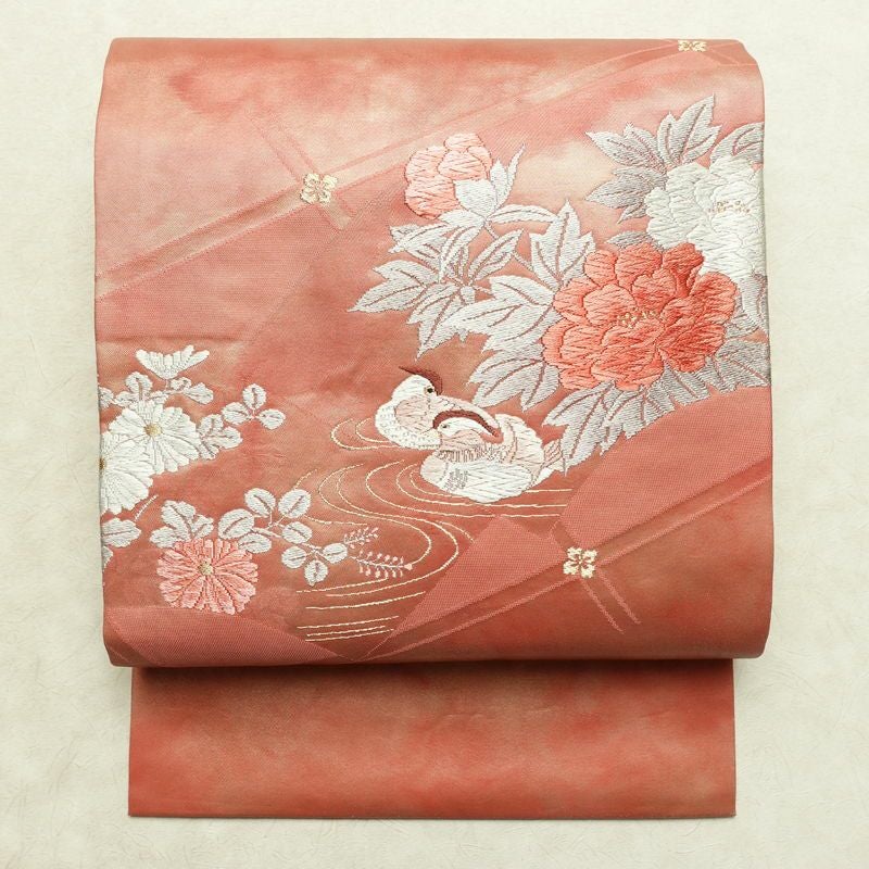 名古屋帯 太鼓柄 正絹 花柄 名古屋仕立て なごや帯 リサイクル帯 帯 箔 金糸 菊 ピンク_画像1