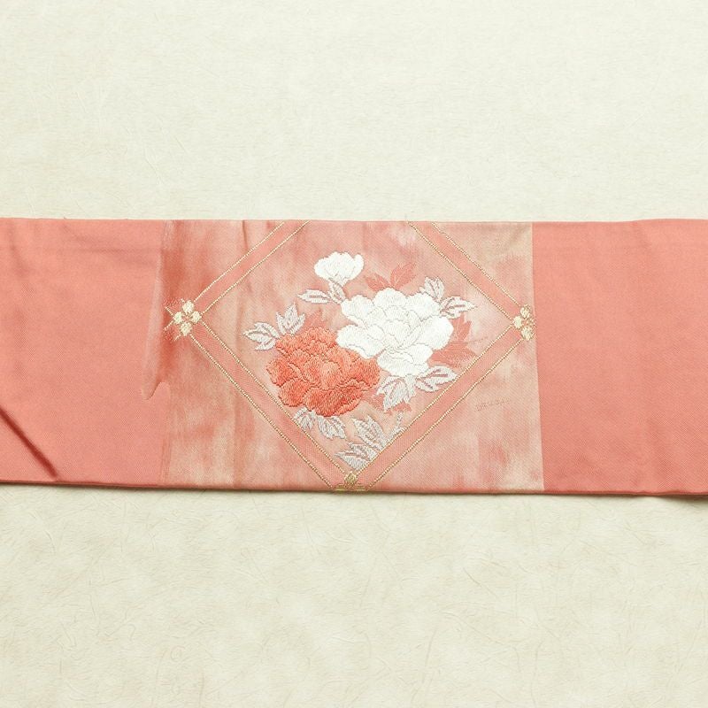 名古屋帯 太鼓柄 正絹 花柄 名古屋仕立て なごや帯 リサイクル帯 帯 箔 金糸 菊 ピンク_画像13