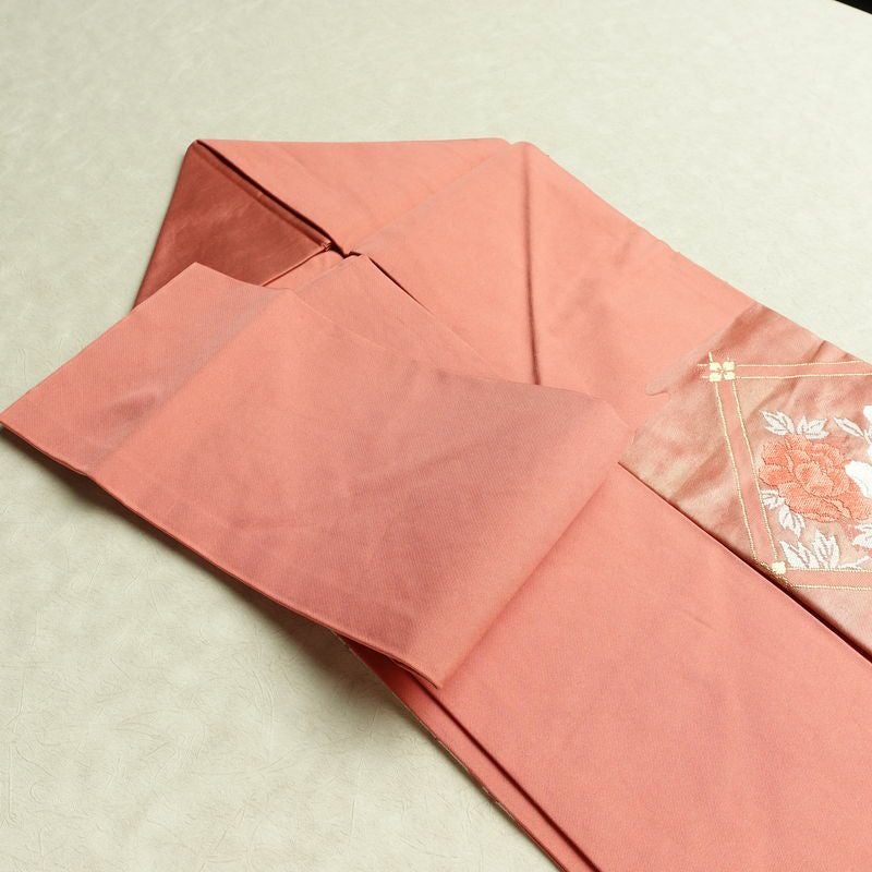 名古屋帯 太鼓柄 正絹 花柄 名古屋仕立て なごや帯 リサイクル帯 帯 箔 金糸 菊 ピンク_画像20