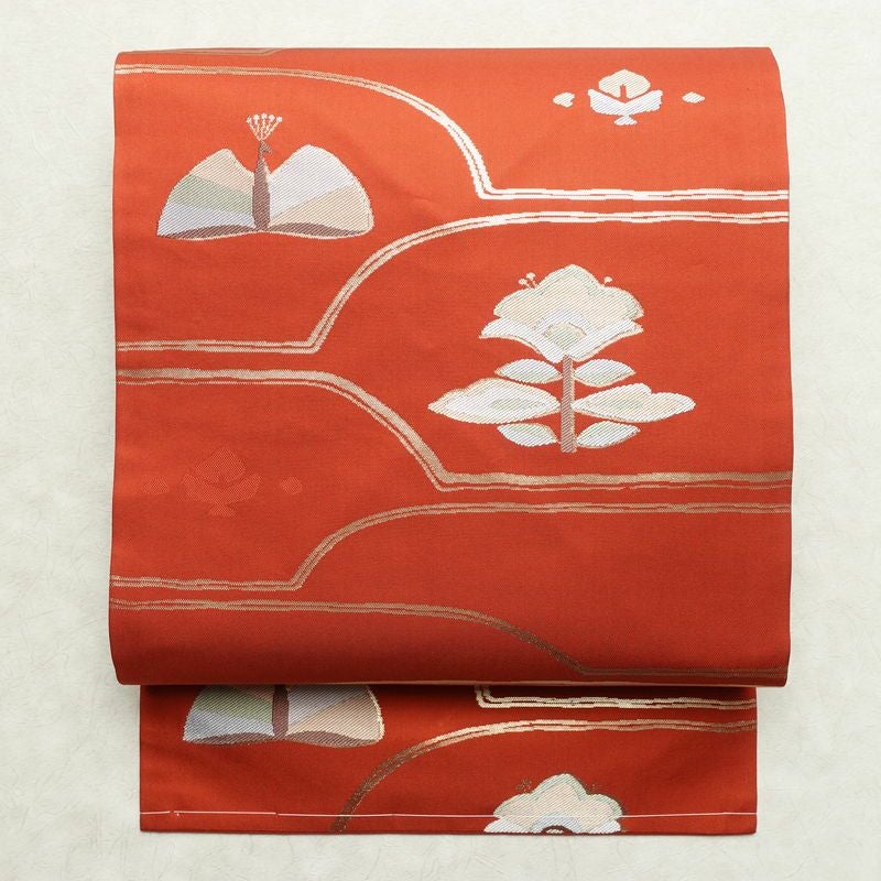 名古屋帯 六通柄 美品 正絹 名古屋仕立て なごや帯 リサイクル帯 帯 蝶 金糸 橙_画像1