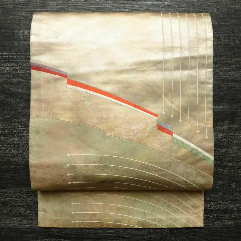 名古屋帯 太鼓柄 正絹 幾何学柄・抽象柄 名古屋仕立て なごや帯 リサイクル帯 帯 箔 ベージュ_画像1