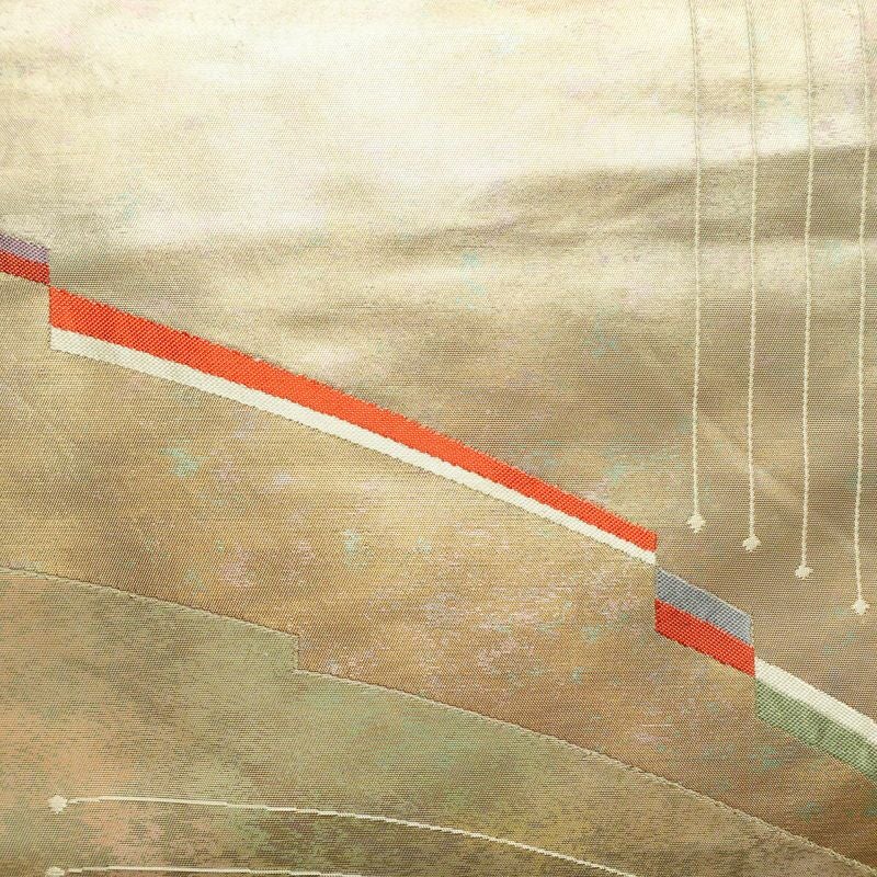 名古屋帯 太鼓柄 正絹 幾何学柄・抽象柄 名古屋仕立て なごや帯 リサイクル帯 帯 箔 ベージュ_画像2
