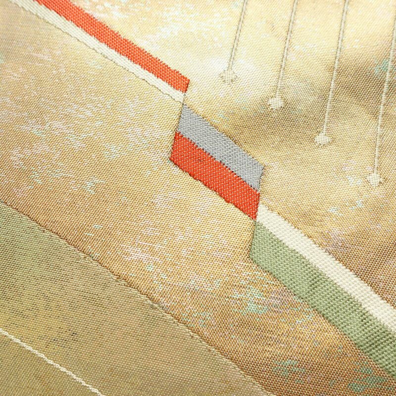 名古屋帯 太鼓柄 正絹 幾何学柄・抽象柄 名古屋仕立て なごや帯 リサイクル帯 帯 箔 ベージュ_画像3