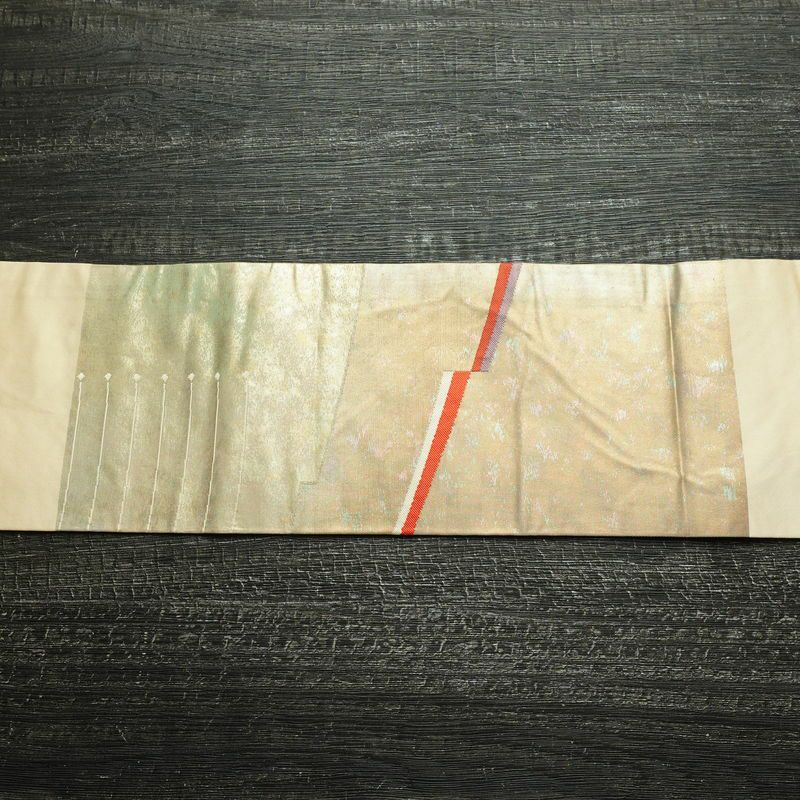 名古屋帯 太鼓柄 正絹 幾何学柄・抽象柄 名古屋仕立て なごや帯 リサイクル帯 帯 箔 ベージュ_画像11