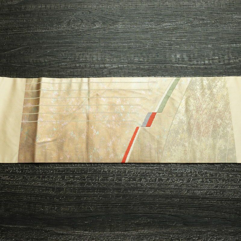 名古屋帯 太鼓柄 正絹 幾何学柄・抽象柄 名古屋仕立て なごや帯 リサイクル帯 帯 箔 ベージュ_画像12