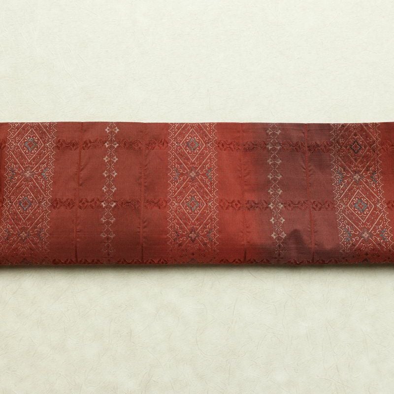 袋帯 全通柄 一般用 正絹 幾何学柄・抽象柄 リサイクル帯 帯 モダン 小豆・エンジ_画像15