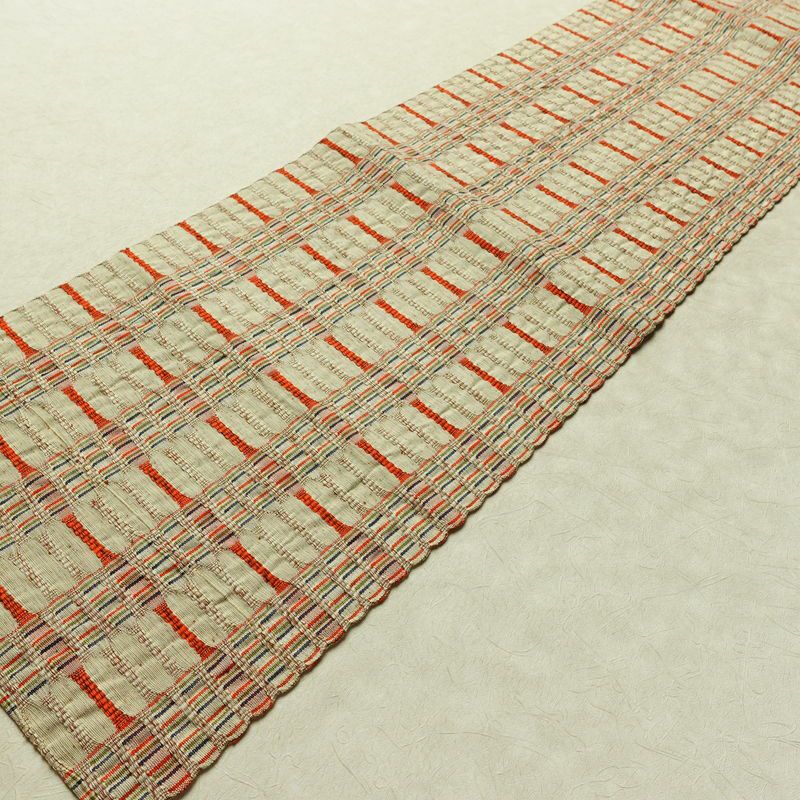 名古屋帯 全通柄 良品 正絹 幾何学柄・抽象柄 名古屋仕立て なごや帯 リサイクル帯 帯 おしゃれ 紬地 ベージュ_画像8