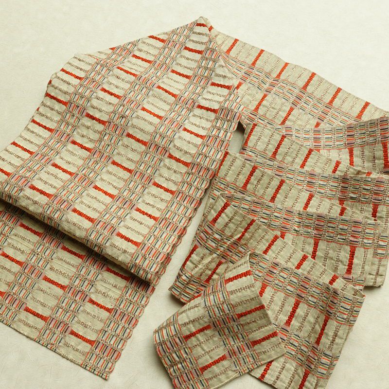 名古屋帯 全通柄 良品 正絹 幾何学柄・抽象柄 名古屋仕立て なごや帯 リサイクル帯 帯 おしゃれ 紬地 ベージュ_画像16