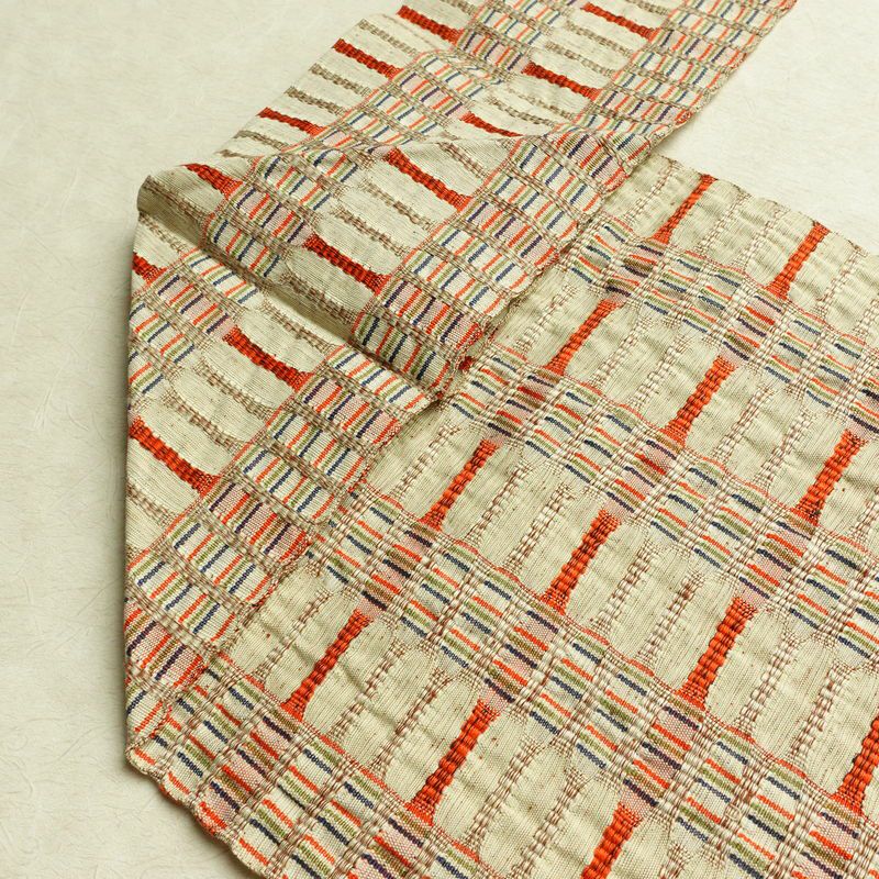 名古屋帯 全通柄 良品 正絹 幾何学柄・抽象柄 名古屋仕立て なごや帯 リサイクル帯 帯 おしゃれ 紬地 ベージュ_画像18