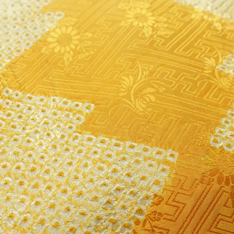 名古屋帯 太鼓柄 絞り 綸子 正絹 古典柄 名古屋仕立て なごや帯 リサイクル帯 帯 黄・黄土色_画像3