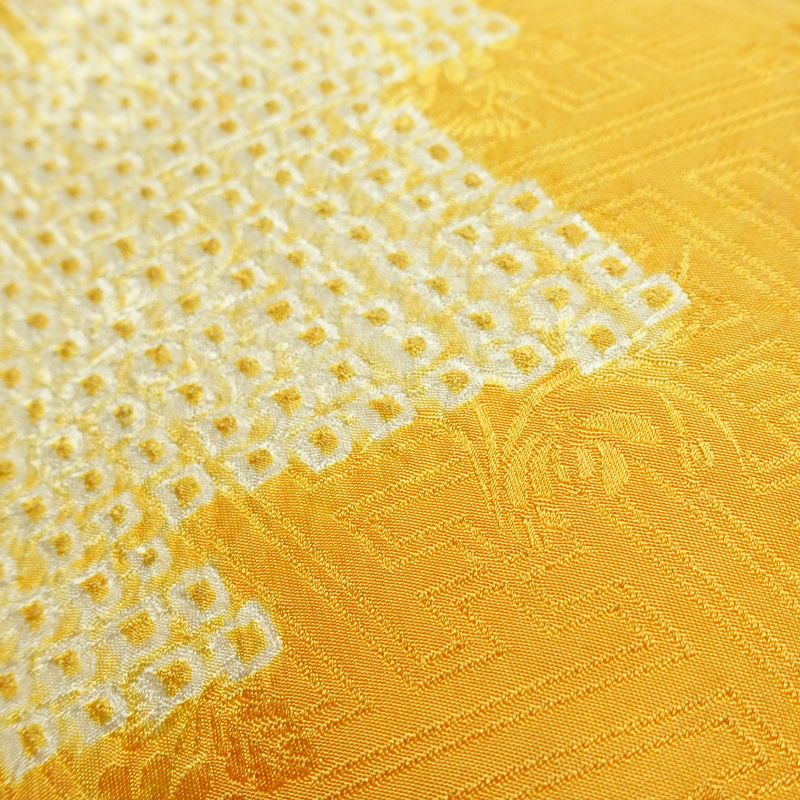 名古屋帯 太鼓柄 絞り 綸子 正絹 古典柄 名古屋仕立て なごや帯 リサイクル帯 帯 黄・黄土色_画像6