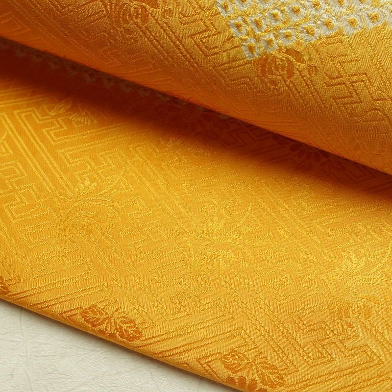 名古屋帯 太鼓柄 絞り 綸子 正絹 古典柄 名古屋仕立て なごや帯 リサイクル帯 帯 黄・黄土色_画像9