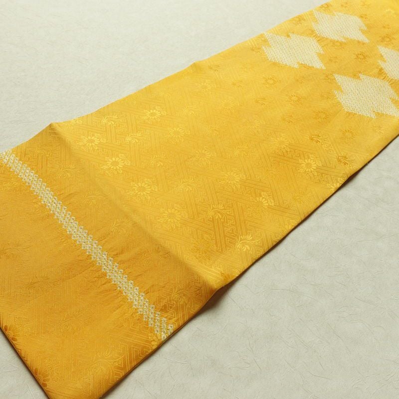 名古屋帯 太鼓柄 絞り 綸子 正絹 古典柄 名古屋仕立て なごや帯 リサイクル帯 帯 黄・黄土色_画像10