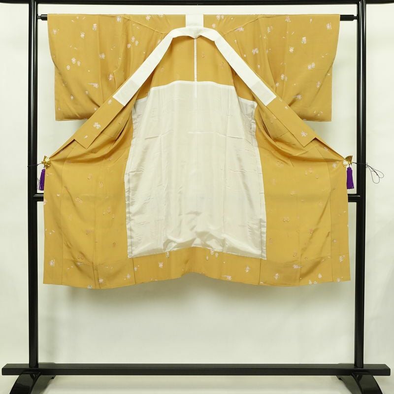 長襦袢 良品 猿 さる 正絹 人物・動物柄 袖無双・胴抜き 身丈121cm 裄丈63cm リサイクル着物 一部しつけ糸付き 着物 箔 黄・黄土色_画像3