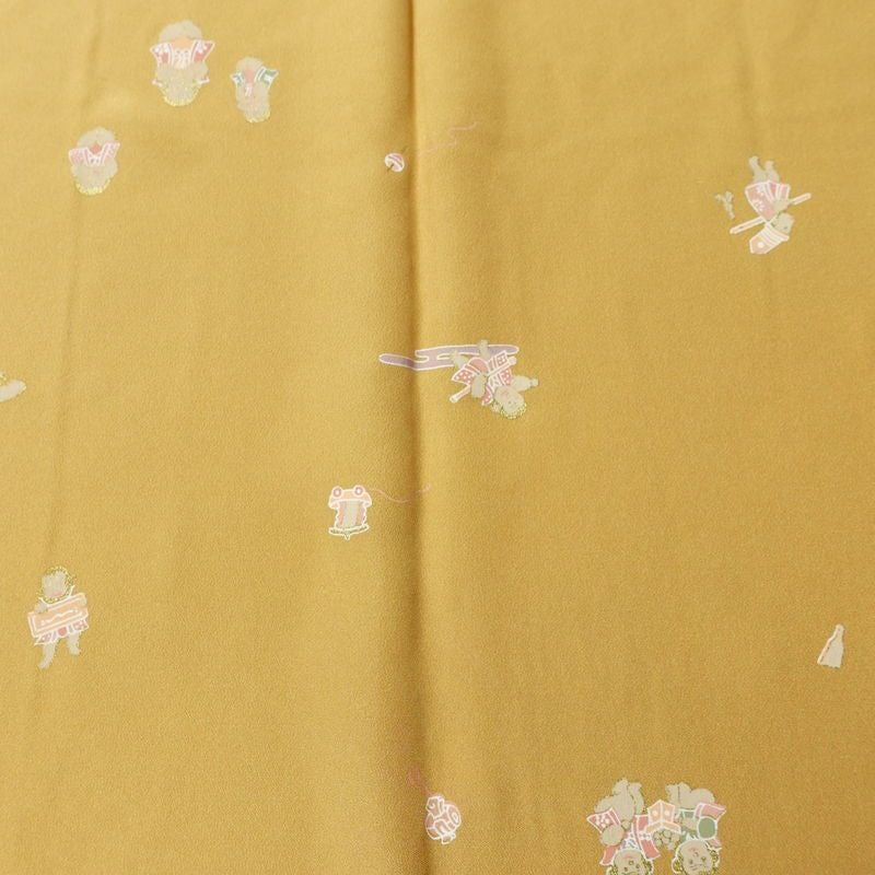 長襦袢 良品 猿 さる 正絹 人物・動物柄 袖無双・胴抜き 身丈121cm 裄丈63cm リサイクル着物 一部しつけ糸付き 着物 箔 黄・黄土色_画像6