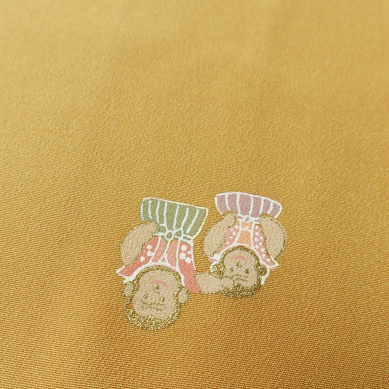 長襦袢 良品 猿 さる 正絹 人物・動物柄 袖無双・胴抜き 身丈121cm 裄丈63cm リサイクル着物 一部しつけ糸付き 着物 箔 黄・黄土色_画像9