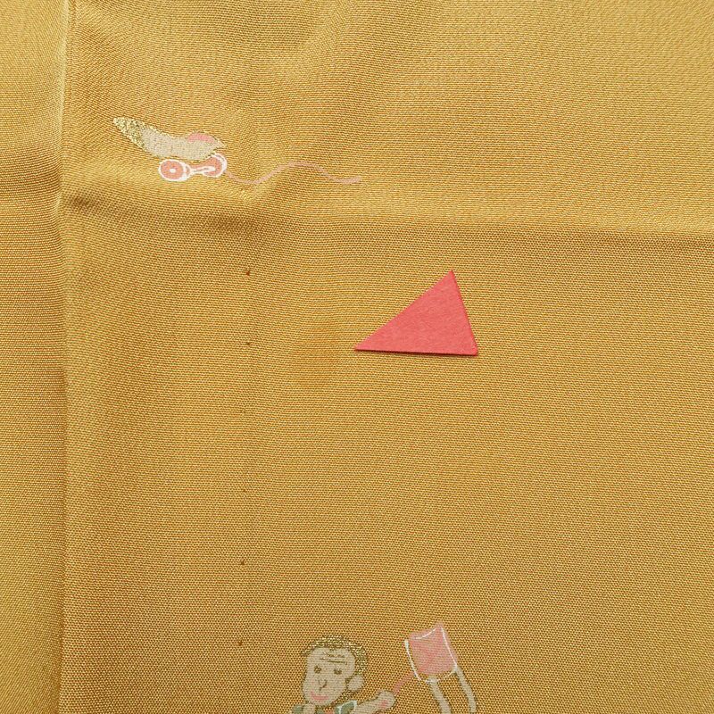 長襦袢 良品 猿 さる 正絹 人物・動物柄 袖無双・胴抜き 身丈121cm 裄丈63cm リサイクル着物 一部しつけ糸付き 着物 箔 黄・黄土色_画像13