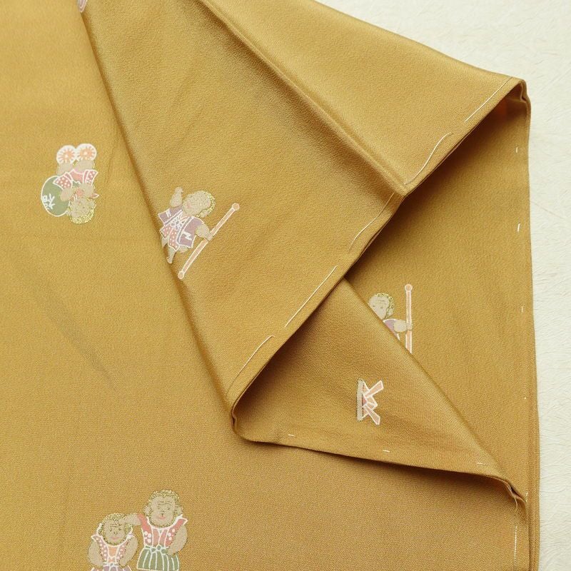 長襦袢 良品 猿 さる 正絹 人物・動物柄 袖無双・胴抜き 身丈121cm 裄丈63cm リサイクル着物 一部しつけ糸付き 着物 箔 黄・黄土色_画像16