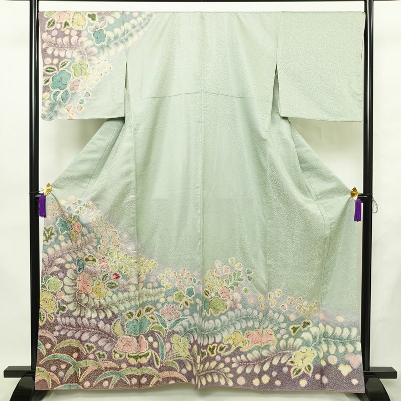 訪問着 美品 絞り 辻が花 一つ紋付き 伊達衿付き 正絹 花柄 袷仕立て 身丈162.5cm 裄丈68.5cm リサイクル着物 着物 入学式 卒業式 七五三 パーティー お宮参り フォーマル 青・紺_画像1