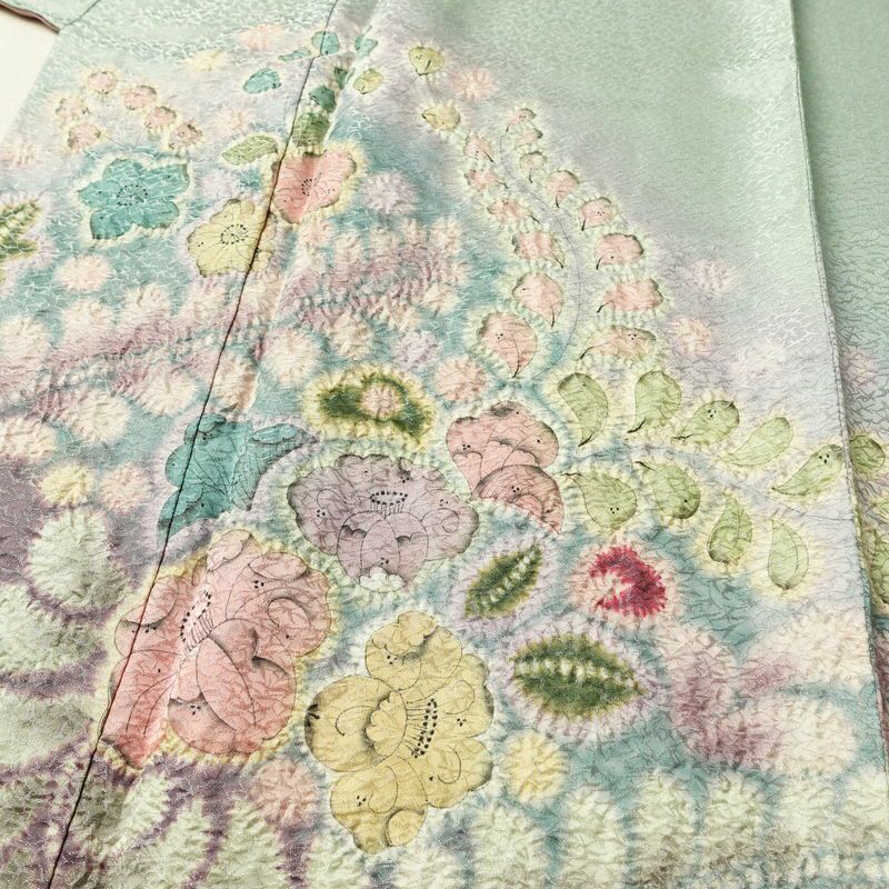 訪問着 美品 絞り 辻が花 一つ紋付き 伊達衿付き 正絹 花柄 袷仕立て 身丈162.5cm 裄丈68.5cm リサイクル着物 着物 入学式 卒業式 七五三 パーティー お宮参り フォーマル 青・紺_画像5