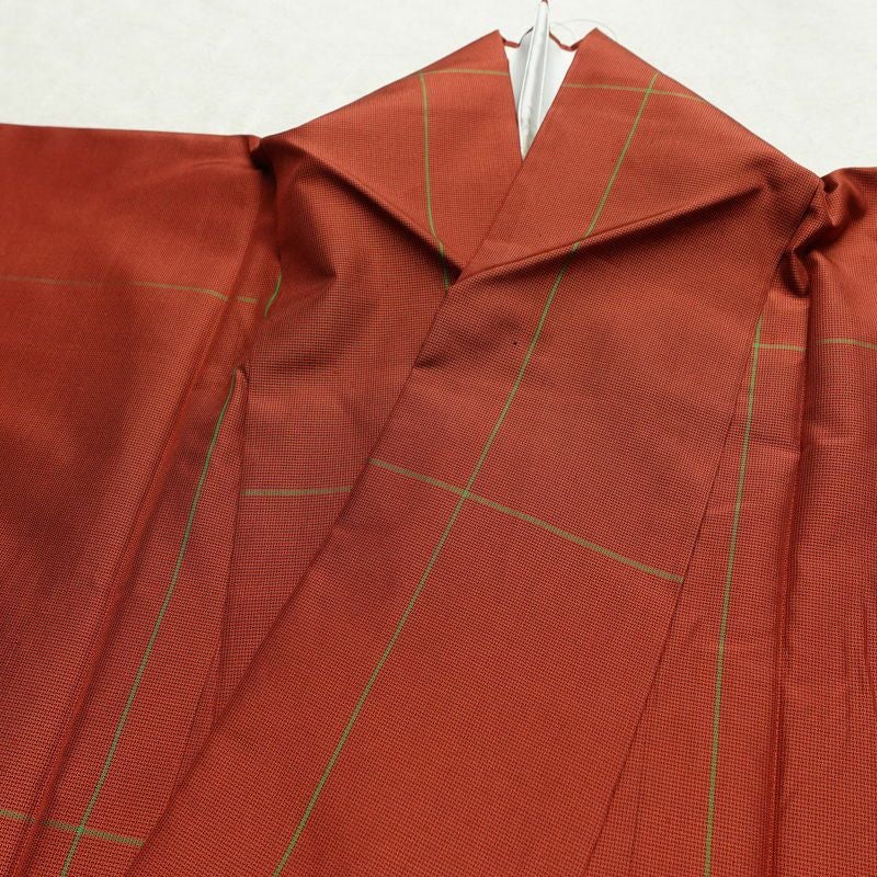 紬 しつけ糸付き 正絹 チェック・格子柄 袷仕立て 身丈162cm 裄丈63.5cm リサイクル着物 着物 モダン シンプル 赤・朱_画像17