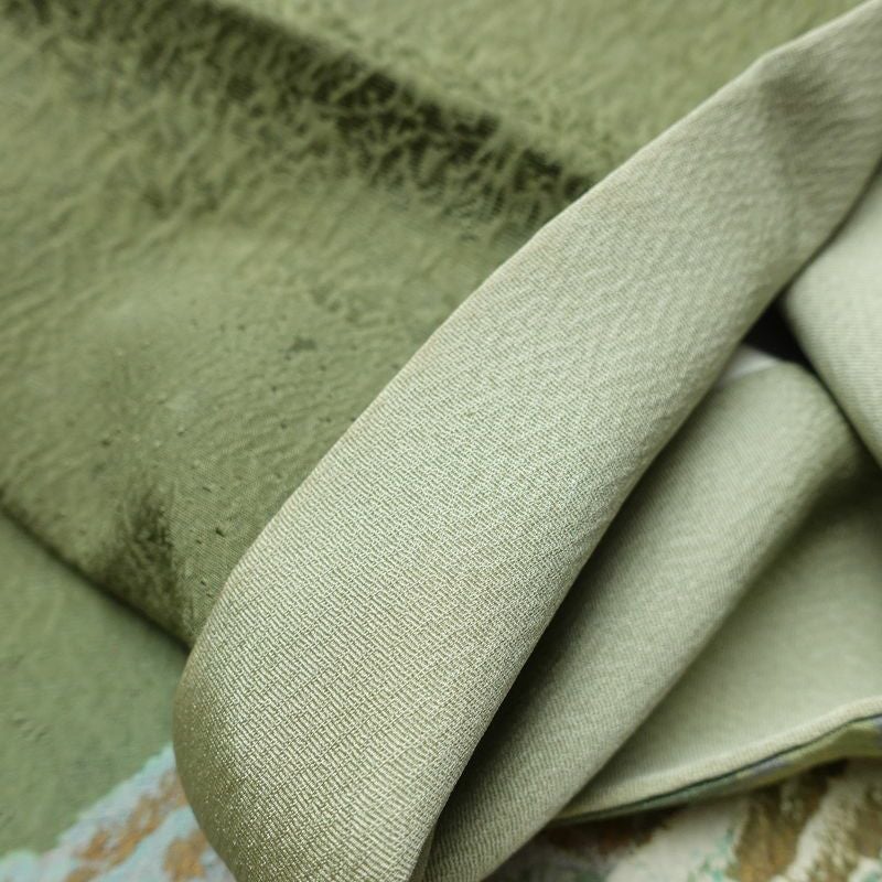 付け下げ 落款入り ふくれ織 正絹 風景柄 袷仕立て 身丈154cm 裄丈63.5cm リサイクル着物 着物 刺繍 金彩 フォーマル 緑・うぐいす色_画像14