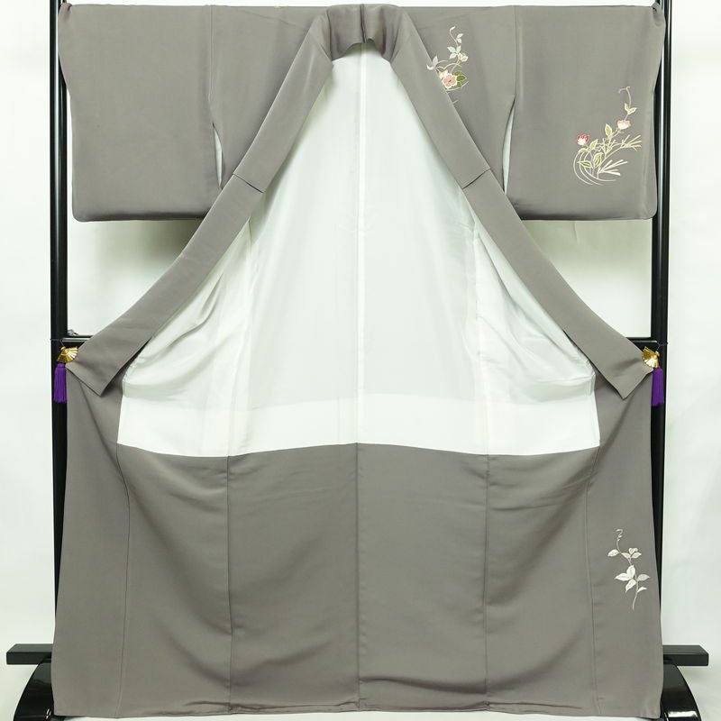 訪問着 正絹 花柄 袷仕立て 身丈172cm 裄丈69.5cm リサイクル着物 着物 金彩 入学式 卒業式 七五三 お宮参り フォーマル グレー_画像3