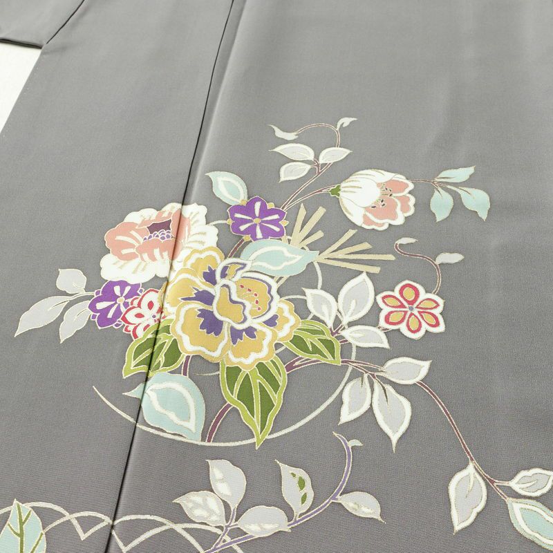 訪問着 正絹 花柄 袷仕立て 身丈172cm 裄丈69.5cm リサイクル着物 着物 金彩 入学式 卒業式 七五三 お宮参り フォーマル グレー_画像5