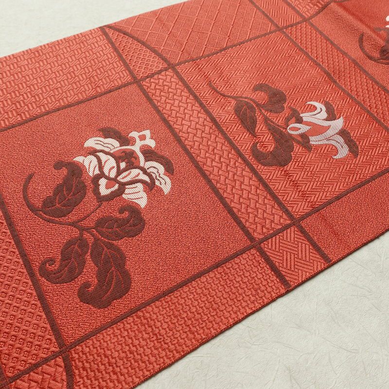 名古屋帯 六通柄 美品 正絹 花柄 名古屋仕立て なごや帯 リサイクル帯 帯 赤・朱_画像11
