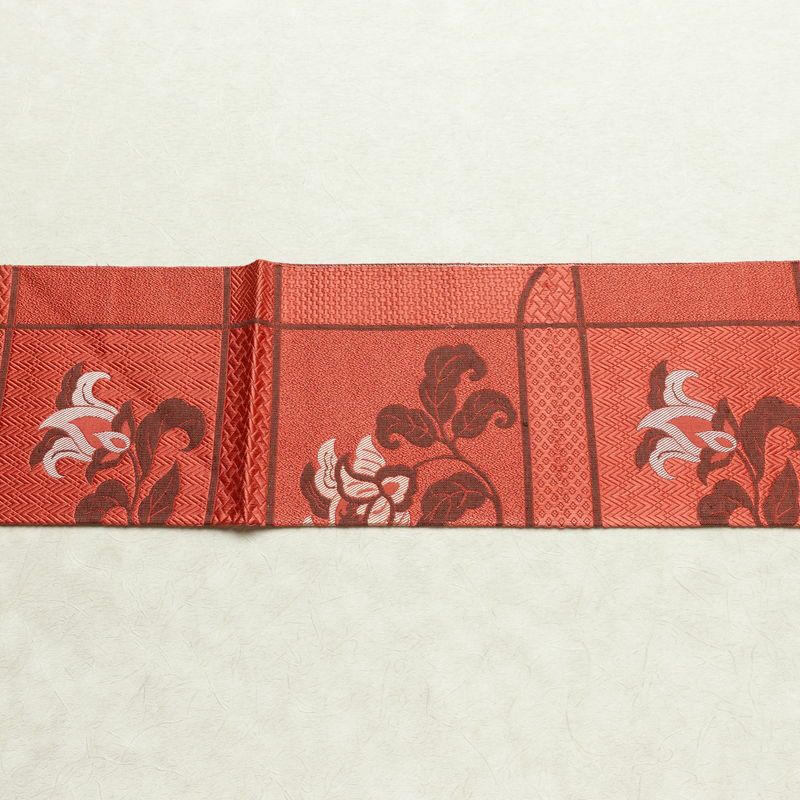 名古屋帯 六通柄 美品 正絹 花柄 名古屋仕立て なごや帯 リサイクル帯 帯 赤・朱_画像14