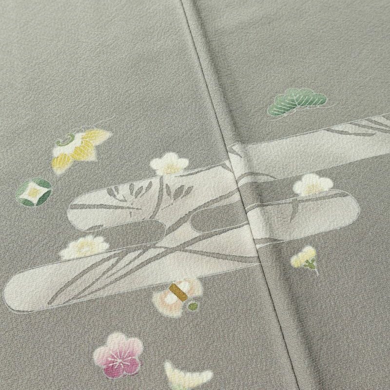 訪問着 縮緬 正絹 古典柄 袷仕立て 身丈154.5cm 裄丈63.5cm リサイクル着物 着物 上品 グレー_画像12