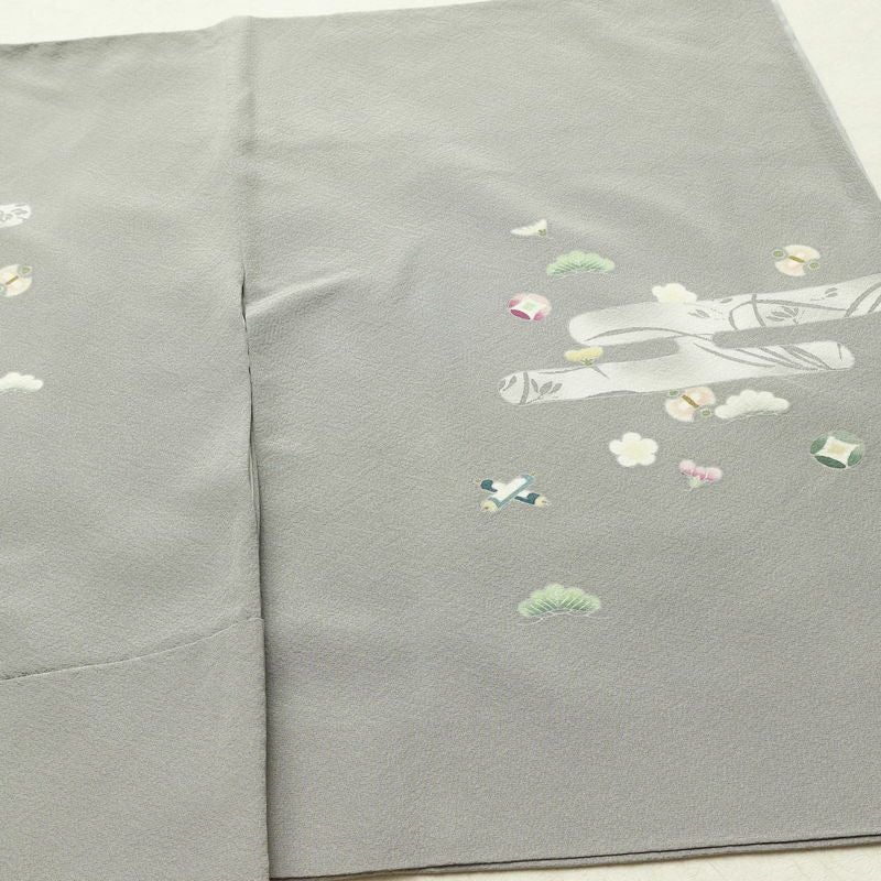 訪問着 縮緬 正絹 古典柄 袷仕立て 身丈154.5cm 裄丈63.5cm リサイクル着物 着物 上品 グレー_画像14