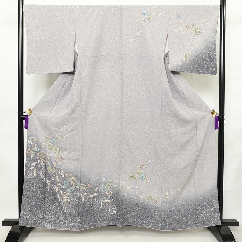 訪問着 縮緬 辻が花 正絹 花柄 袷仕立て 身丈159.5cm 裄丈67.5cm リサイクル着物 着物 入学式 卒業式 七五三 お宮参り フォーマル 紫・藤色_画像1