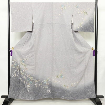 訪問着 縮緬 辻が花 正絹 花柄 袷仕立て 身丈159.5cm 裄丈67.5cm リサイクル着物 着物 入学式 卒業式 七五三 お宮参り フォーマル 紫・藤色