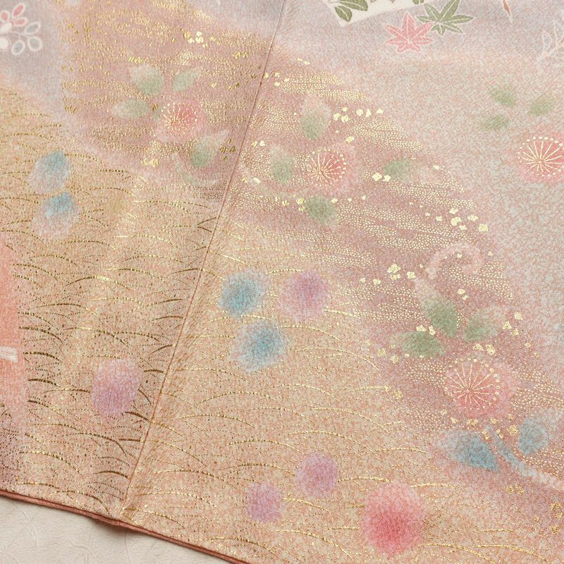 訪問着 美品 落款入り 金駒刺繍 正絹 古典柄 袷仕立て 身丈158.5cm 裄丈65.5cm リサイクル着物 着物 箔 金彩 扇面 ピンク_画像12