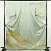 付け下げ 綸子 金駒刺繍 正絹 木の葉・植物柄 袷仕立て 身丈162.5cm 裄丈68.5cm リサイクル着物 一部しつけ糸付き 着物 箔 金彩 入学式 卒業式 七五三 お宮参り フォーマル 緑・うぐいす色_画像1