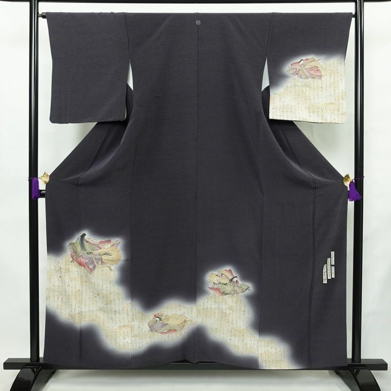 付け下げ 良品 樽本伊勢蔵 京友禅伝統工芸士 落款入り 一つ紋付き 正絹 人物・動物柄 袷仕立て 身丈157.5cm 裄丈65cm リサイクル着物 着物 箔 金彩 フォーマル 青・紺_画像1