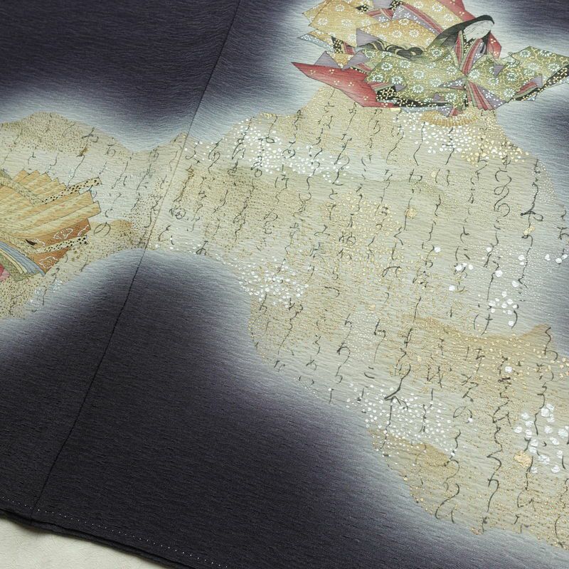 付け下げ 良品 樽本伊勢蔵 京友禅伝統工芸士 落款入り 一つ紋付き 正絹 人物・動物柄 袷仕立て 身丈157.5cm 裄丈65cm リサイクル着物 着物 箔 金彩 フォーマル 青・紺_画像12