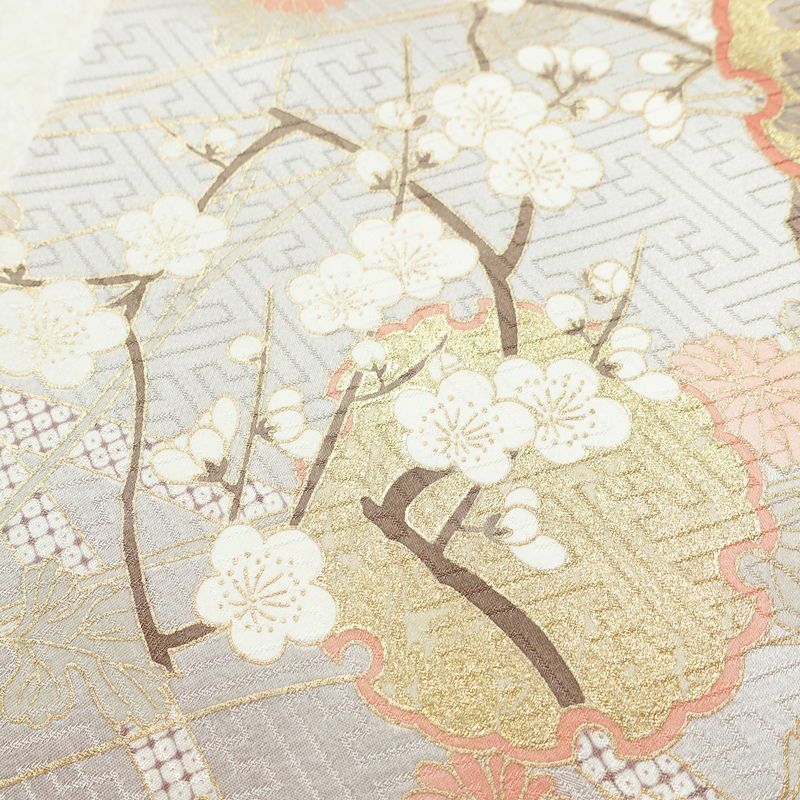 訪問着 良品 落款入り 綸子 正絹 木の葉・植物柄 袷仕立て 身丈159.5cm 裄丈63cm リサイクル着物 一部しつけ糸付き 着物 箔 刺繍 金彩 入学式 卒業式 七五三 お宮参り フォーマル 菊 萩 雪輪 サーモンピンク ピンク_画像9