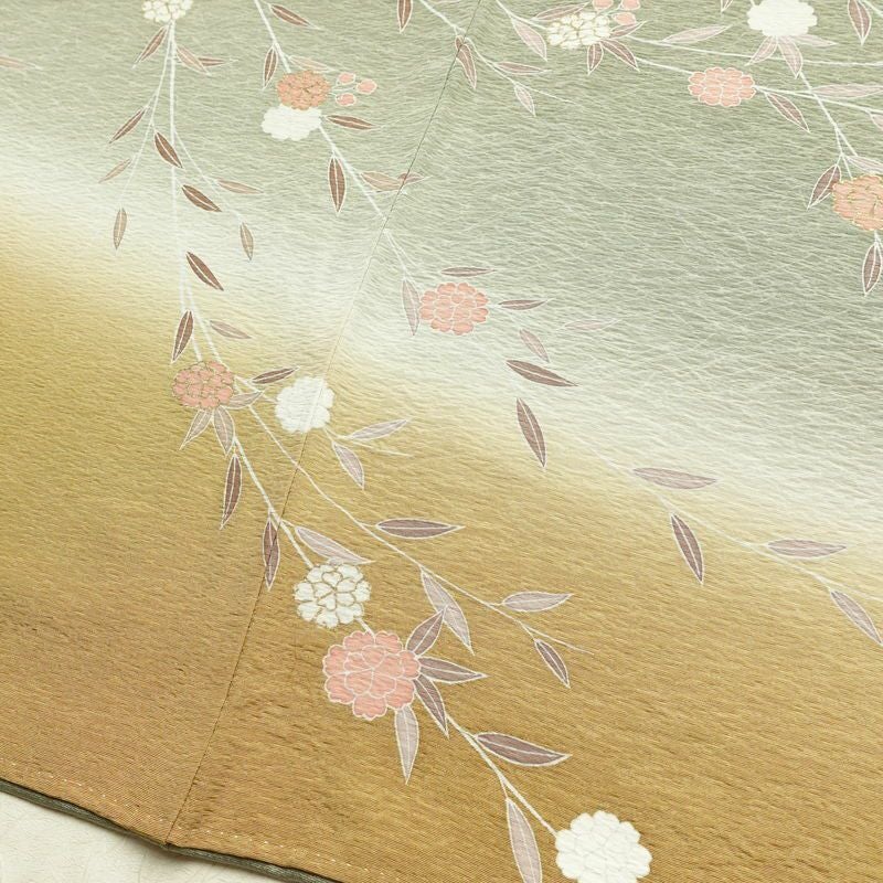 訪問着 縮緬 正絹 木の葉・植物柄 袷仕立て 身丈150.5cm 裄丈62cm リサイクル着物 着物 金彩 入学式 卒業式 七五三 お宮参り フォーマル 緑・うぐいす色_画像13