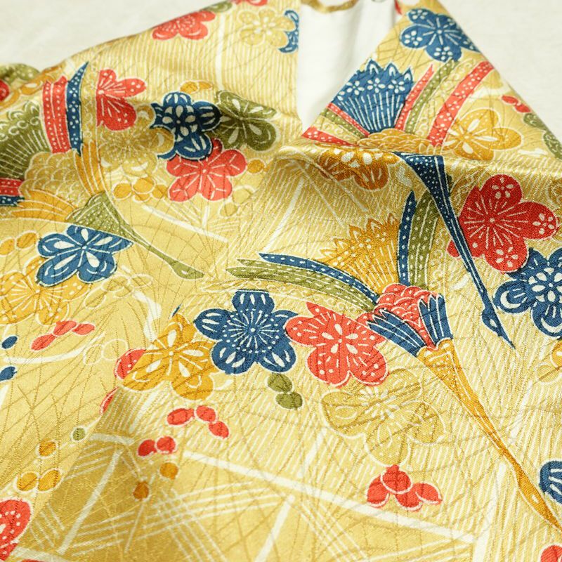 小紋 良品 総柄 正絹 花柄 袷仕立て 身丈159.5cm 裄丈64.5cm リサイクル着物 着物 黄・黄土色_画像17