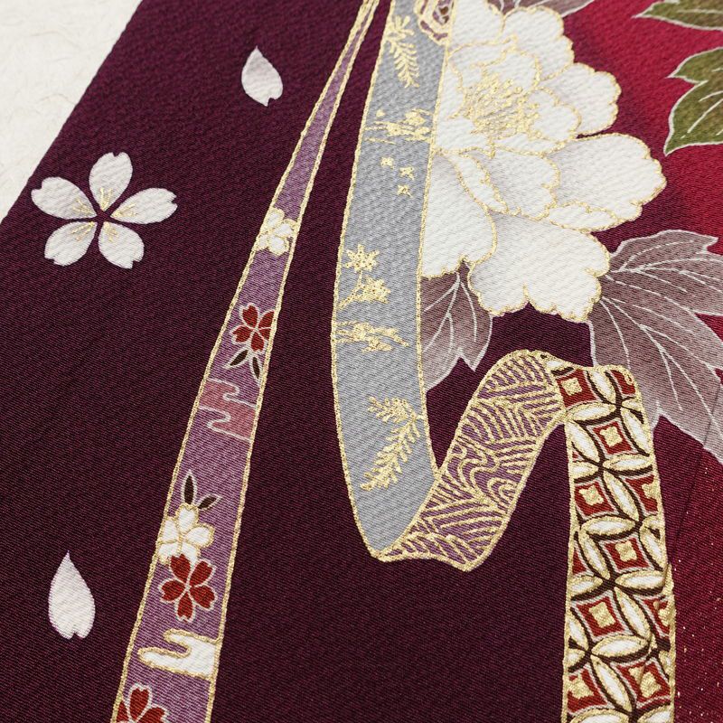 振袖 良品 縮緬 正絹 花柄 袷仕立て 身丈161cm 裄丈70cm リサイクル着物 着物 箔 金彩 成人式 二十歳 二十歳の集い パーティー フォーマル 桜 赤紫 紫・藤色_画像10
