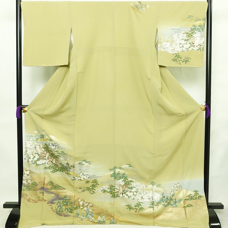 付け下げ 美品 しつけ糸付き 縮緬 トールサイズ 正絹 風景柄 袷仕立て 身丈173cm 裄丈68.5cm リサイクル着物 着物 箔 共八掛 金彩 入学式 卒業式 七五三 お宮参り フォーマル 緑・うぐいす色_画像1