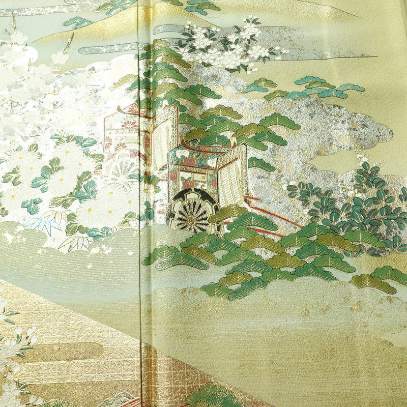 付け下げ 美品 しつけ糸付き 縮緬 トールサイズ 正絹 風景柄 袷仕立て 身丈173cm 裄丈68.5cm リサイクル着物 着物 箔 共八掛 金彩 入学式 卒業式 七五三 お宮参り フォーマル 緑・うぐいす色_画像6
