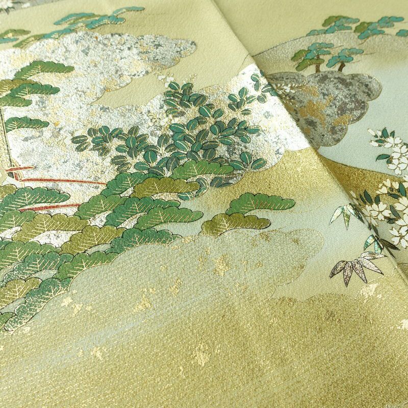 付け下げ 美品 しつけ糸付き 縮緬 トールサイズ 正絹 風景柄 袷仕立て 身丈173cm 裄丈68.5cm リサイクル着物 着物 箔 共八掛 金彩 入学式 卒業式 七五三 お宮参り フォーマル 緑・うぐいす色_画像10