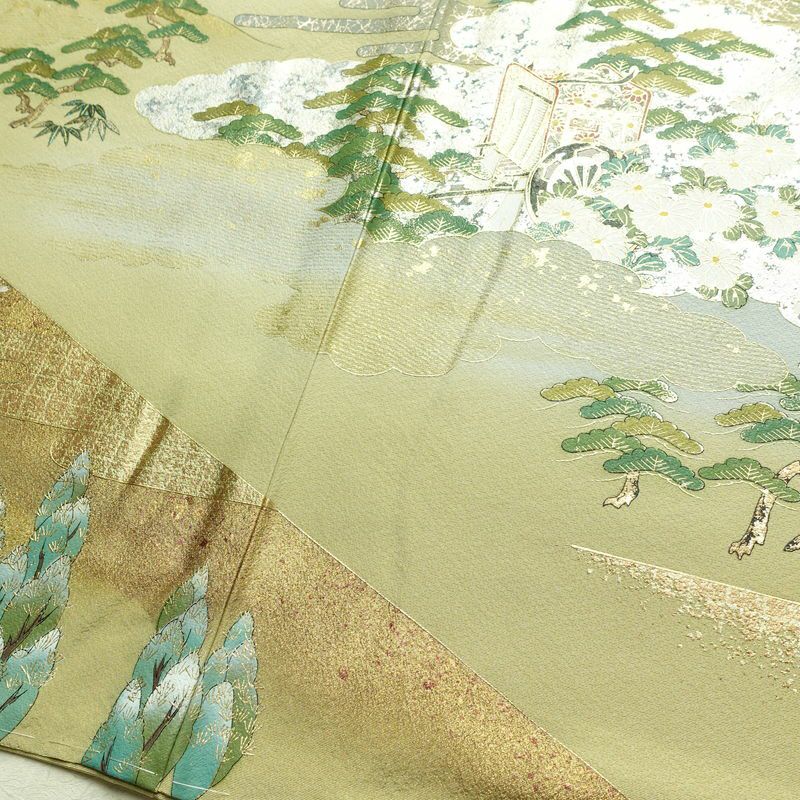 付け下げ 美品 しつけ糸付き 縮緬 トールサイズ 正絹 風景柄 袷仕立て 身丈173cm 裄丈68.5cm リサイクル着物 着物 箔 共八掛 金彩 入学式 卒業式 七五三 お宮参り フォーマル 緑・うぐいす色_画像13