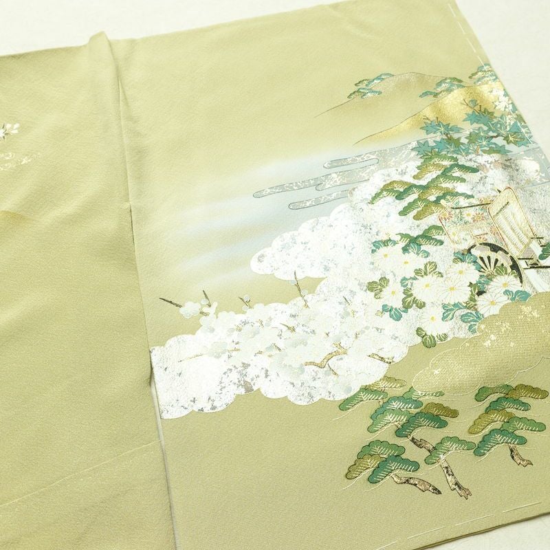 付け下げ 美品 しつけ糸付き 縮緬 トールサイズ 正絹 風景柄 袷仕立て 身丈173cm 裄丈68.5cm リサイクル着物 着物 箔 共八掛 金彩 入学式 卒業式 七五三 お宮参り フォーマル 緑・うぐいす色_画像14